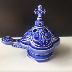 Church hand-made porcelain incense burner. "Slavic" BLUE with colored glaze, Hand made in Russia