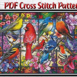 Birds Cross Stitch Pattern / Bird Cross Stitch Chart / Birds Stained Glass Cross Stitch Pattern / Printable PDF  Chart
