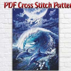 Seascape Dolphin Cross Stitch Pattern / Dolphin Cross Stitch Chart / Sea Cross Stitch Chart / Nature Cross Stitch Chart