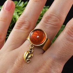 Golden Leaf Orange Ring Adjustable Ring Fire Red Orange Glass Leaf Charm 24k Gold plated Round Circle Ring Jewelry 7891