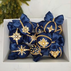 Christmas rhinestones ornaments, Handmade balls, Xmas decorations, Tree decor set, navy blue gold baubles