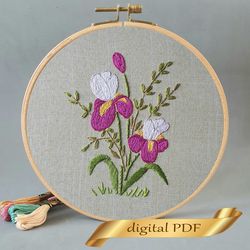 Bouquet irises pattern PDF hand embroidery DIY, Floral design