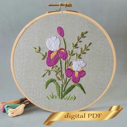 bouquet irises pattern pdf hand embroidery diy, floral design