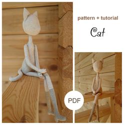 Doll cat sewing pattern & step-by-step guide, making heirloom doll kitty, textile art, digital file PDF