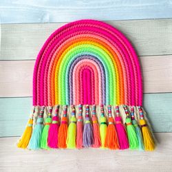 Large size17"*14".Neon rainbow macrame, Indie-style Room decor,Birthday Gift Best friend,Decor over the bed.