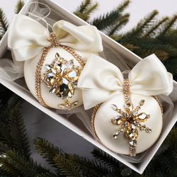 Christmas rhinestones ornaments, Handmade balls, Xmas decorations, Tree decor set, ivory gold baubles
