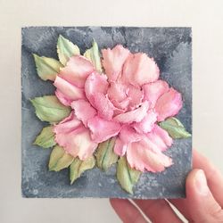 Peony painting Shabby chic shelf decor Pink rose flower Sculpture art Mom Sister Oma Birhtday gift Floral wall hanging