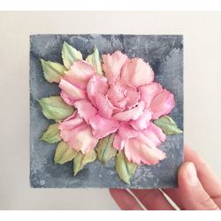 Peony painting Shabby chic shelf decor Pink rose flower Sculpture art Mom Sister Oma Birhtday gift Floral wall hanging