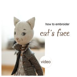 How to embroider doll cat's face - video tutorial & face pattern PDF