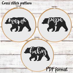 Mama bear, Papa bear, Baby bear cross stitch pattern set, Modern cross stitch pattern PDF, Family cross stitch pattern