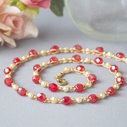 Red Bead Crochet Hand Necklace, Light Delicate Macrame Jewelry