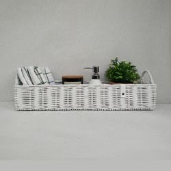 White extra long basket for shelf Rectangular wicker basket Long narrow box Wicker hamper Bathroom woven storage basket