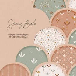 Spring Boho Seamless Patterns. Digital Paper Set with Flowers, Hearts, Aches, Lines for Wrapping Paper, Scrapbooking etc