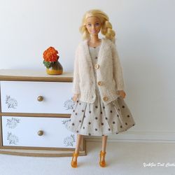 Barbie fashion doll beige 2 pcs clothes set 12 11,5 inches doll outfit Dress Knitted cardigan Jacket Outfit Brown Beige