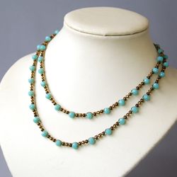 Turquoise and Bronze Glass Bead Crochet Necklace Handmade, Long 2 Wrap Necklace or 5 Wrap Bracelet