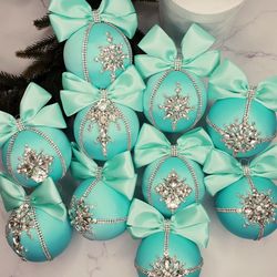 Christmas rhinestones ornaments, Handmade balls, Xmas decorations, Tree decor set, Aqua blue silver baubles