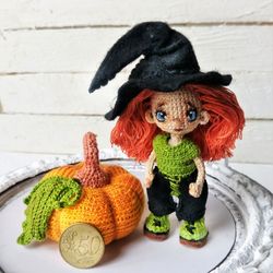 Tiny  doll witch and pumpkin. Halloween home decoration. Miniature witch. Halloween gift. Crocheted doll.