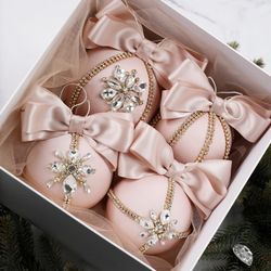 Christmas rhinestones ornaments, Handmade balls, Xmas decorations, Tree decor set, light blush gold baubles
