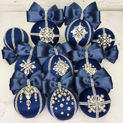 Christmas rhinestones ornaments, Handmade balls, Xmas decorations, Tree decor set, navy blue silver baubles