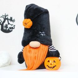 Plush Halloween Gnome with pumpkin candy bucket