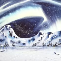 Mountain Painting Aurora Borealis Original Artwork Watercolor Landscape Art  10"by 15"  by ArtMadeIra