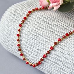 Statement Red Bead Crocheted Necklace, Jewelry Boho Style for Everyday or Holiday