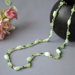 Dainty Green Bead Crochet Y Necklace, Summer Beach Glass Beads Jewelry for Woman