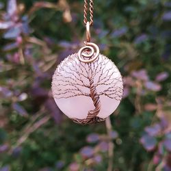 wire wrapped rose quartz tree of life necklace, 7 year anniversary gift for husband, copper anniversary gift for him