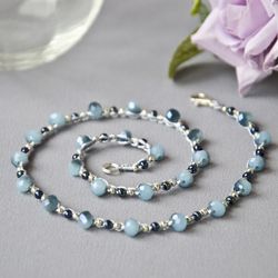 Blue Choker Necklace Handmade, Crochet Choker of Glass Beads