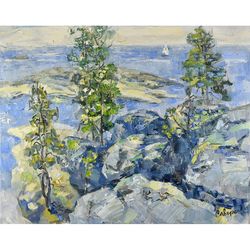 Lake Painting Island Landscape Ladoga Skerries Karelia Original Artwork Impressionism Art