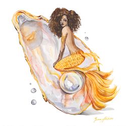 Mermaid Painting African American Mermaid Original Art Afro Mermaid Watercolor Oyster Artwork. MADE TO ORDER