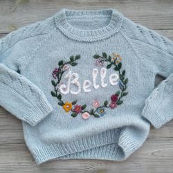 Custom hand made knitted sweater with name embroidery for baby, girl & boy. Personalized soft Wool knit for child, kids