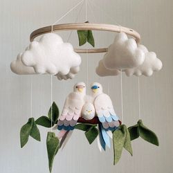 Parrot family baby crib mobile, neutral baby decor