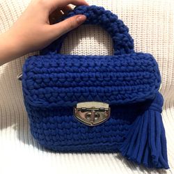 Blue Crochet Shoulder Bag, Handmade Handbag, Ecofriendly Yarn, Made To Order in Ukraine