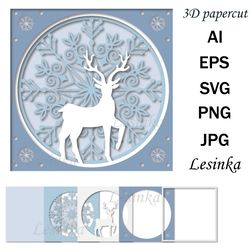 3d greeting card, christmas deer, multi-layered illustration