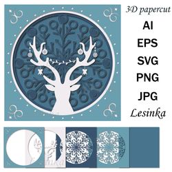 3d greeting card, christmas deer, multi-layered illustration