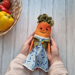 Carrot art doll. Handmade wool toy, quickly creature. Eco friendly gift