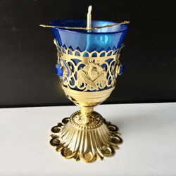 Six Wing Seraphim Standing Vigil Lamp: Blue Glass - Gold Plated - Ordination and Clergy Gifts, 6"
