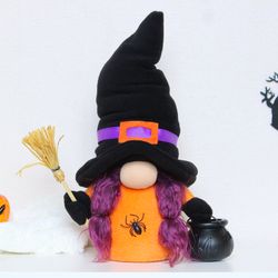 Halloween GIRL Gnome in witch hat with a cauldron and a broom / Witch box Gift