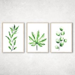 Set of 3 Botanical Print Set, Plant Posters, Greenery Prints, Watercolor botanical, Watercolor green plants