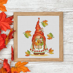 Gnome cross stitch pattern PDF, fall gnome, thanksgiving gnome, maple leaf cross stitch, fall cross stitch