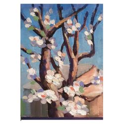 Blooming Apricot Tree Painting Farm Original Art Rural Landscape Artwork Small Oil Painting 8x6"