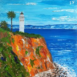 Lighthouse Painting Seascape Original Art Point Vicente Impasto Oil Painting California Artwork by ArtRoom22