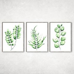 Set of 3 Botanical Print Set, Plant Posters, Watercolor Botanical Prints, Green Leaves Wall Pictures