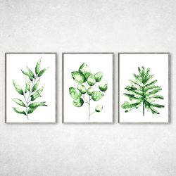 Set of 3 Botanical Prints, Watercolor botanical, Watercolor green plants, Living Room Decor, Bedroom wall decor