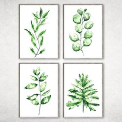 Set of 4 Botanical Print Set, Watercolor decor living room, Watercolor botanical,Green Leaves Wall Pictures