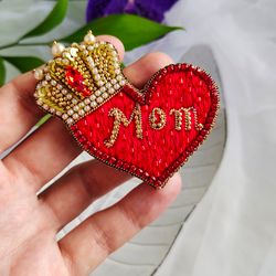 Red heart brooch , Crown heart pin, mother gift, handmade brooch, red heart jewelry