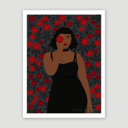 Curvy black woman with red roses, DIGITAL art, black girl art, curvy woman art, african american art.