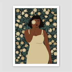 Curvy black woman with white roses, printable art, black girl art, african art, green boho poster, melanin art.