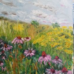 Floral original  oil  painting, Wild flowers with echinacea in the fields,  8x10 inches canvas on board, impressionism